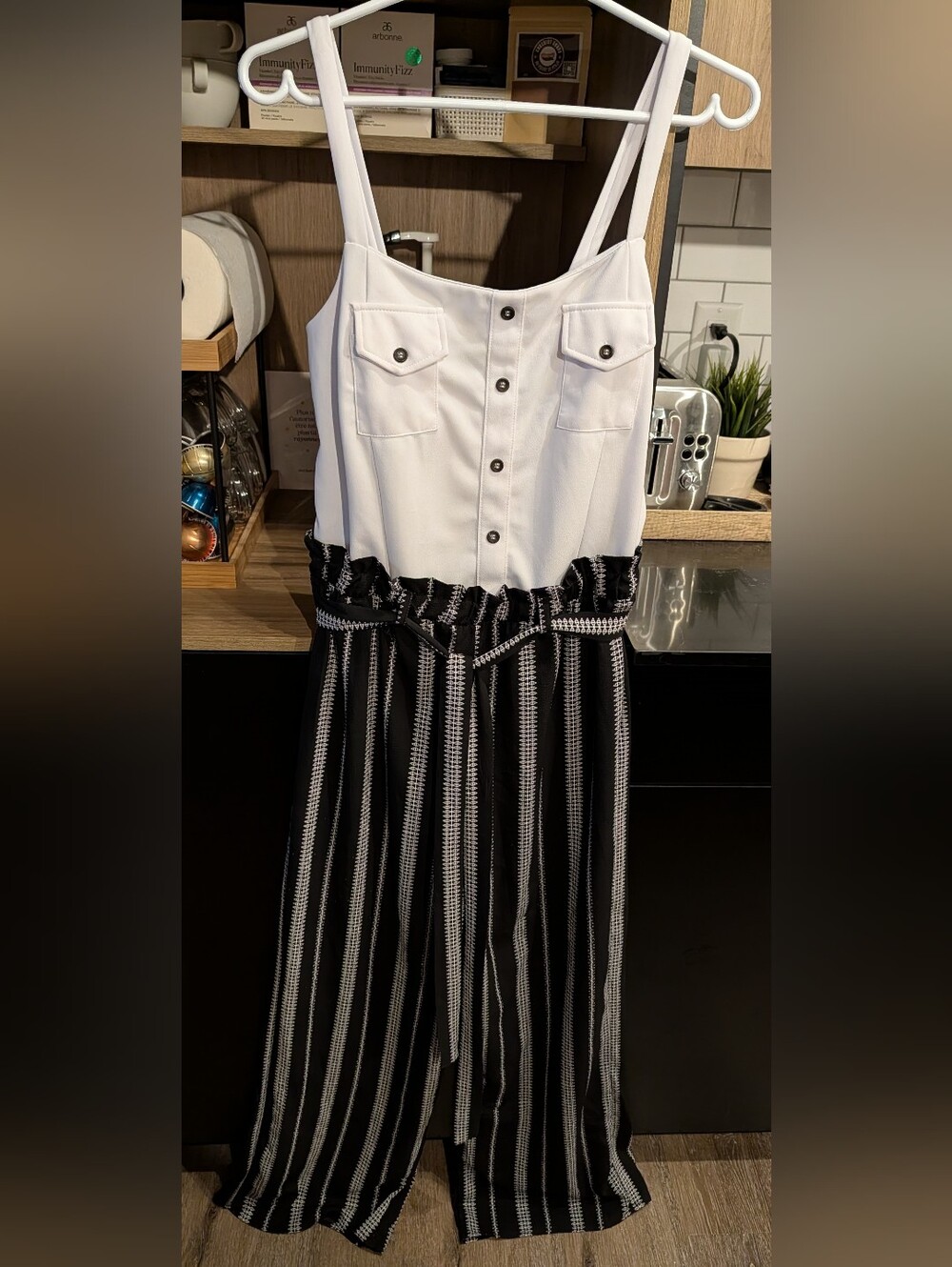 Striped Black & White Wide-Leg Jumpsuit with Button-Front Bodice